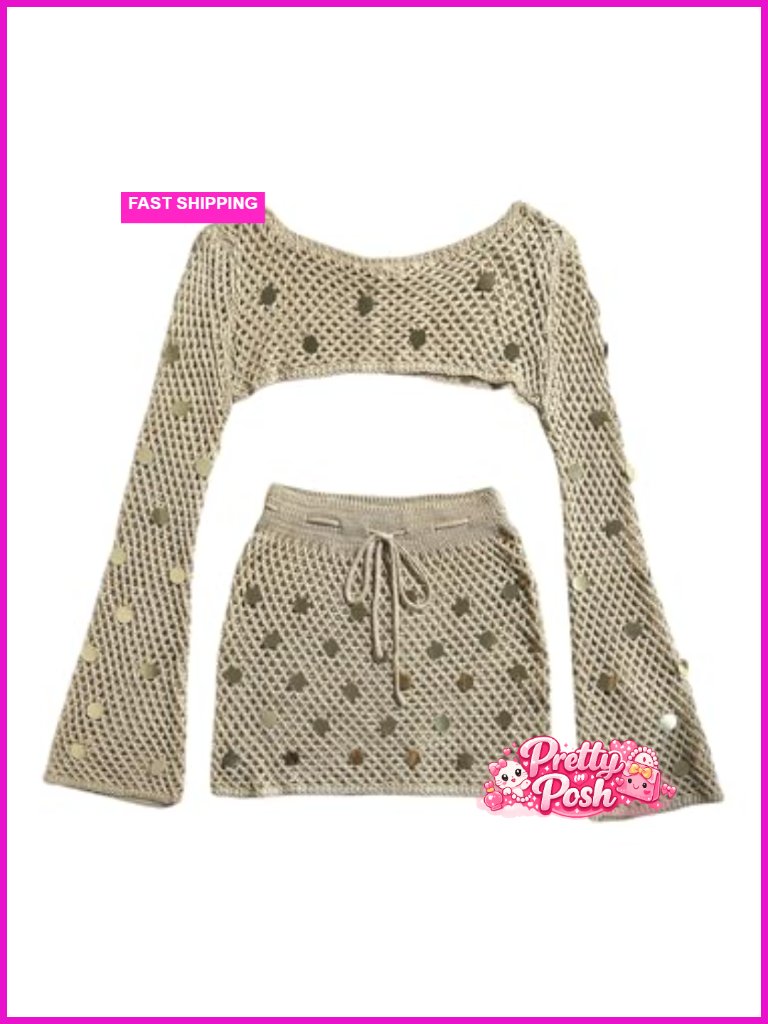 Crochet 2 Piece Beach Cover Up Set Sequin Hollow Out Skirt Set Swimsuit Coverup